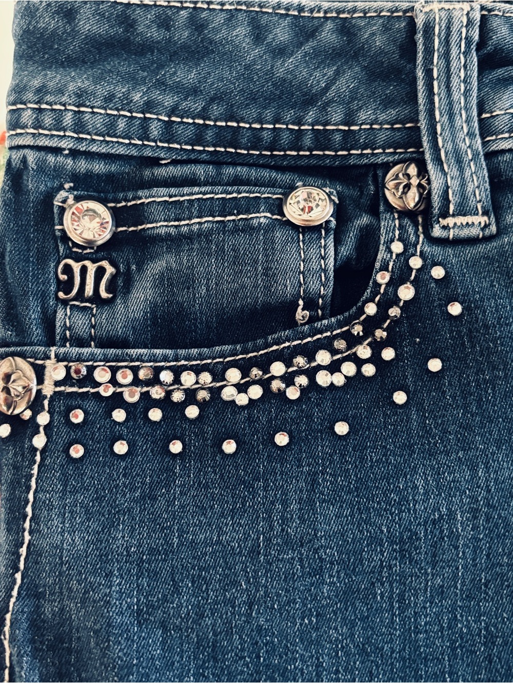Miss Me Medium-Dark Blue Skinny Jeans with Rhinestone Trim - Picture 3 of 16